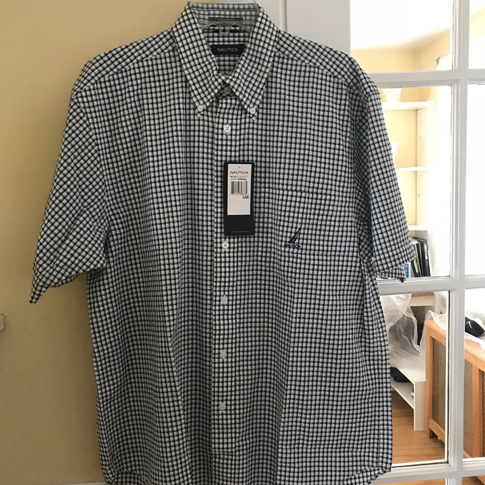 Nautica Blue and White Check Casual Dress Shirt-Lg